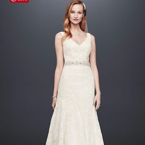 Jewel lace wedding dress with scalloped v neck